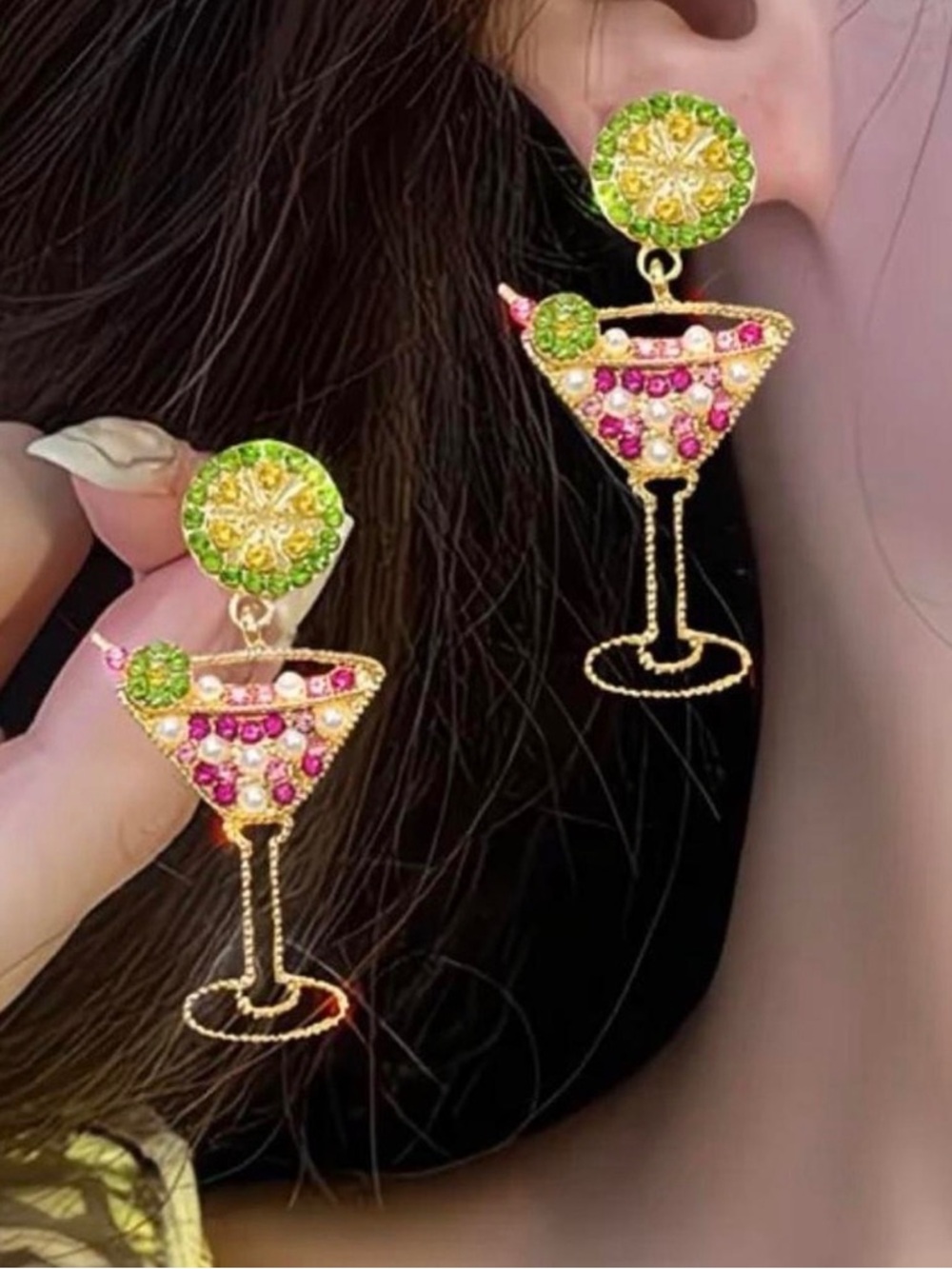 BaubleBar Gold Martini Glass Earrings with Pink and Lime Crystals